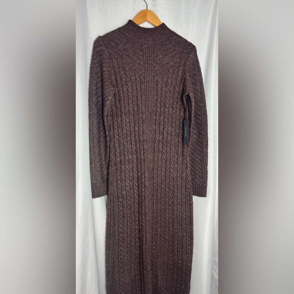 Tahari Long Sleeve Brown Cable Rope Knit Mock Neck sweater Dress fall NWT M